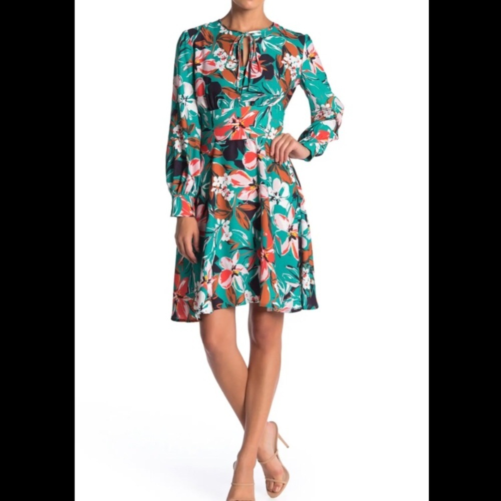 Alexia Admor Size 2 Floral Print Long Sleeve Neck Tie Dress